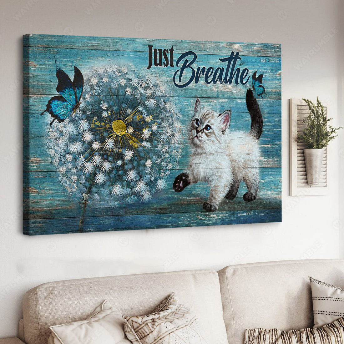 Just Breathe, Cat Lover, Butterfly Dandelion Poster and Canvas