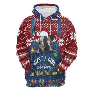FUNSTUFFPRINT 3D Just A Girl Who Loves Christmas And Cows All Over 3D Hoodie and Zip Hoodie