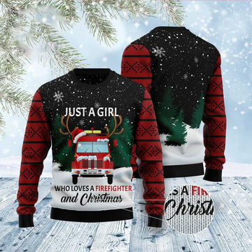 FUNSTUFFPRINT Just A Girl Who Loves Firefighter And Christmas Ugly Christmas Sweater, Christmas Sweater, Ugly Sweater, Funny Xmas Sweaters Ugly Sweater
