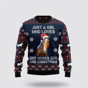 FUNSTUFFPRINT Just A Girl Who Loves Horse Ugly Christmas Sweater, Farm Sweater, Christmas Gift, Best Winter Outfit Christmas Ugly Sweater