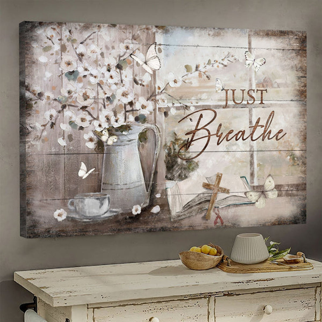 Just Breathe Vintage Bible Cross Canvas Wall Art - Christian Poster - Religious Wall Decor
