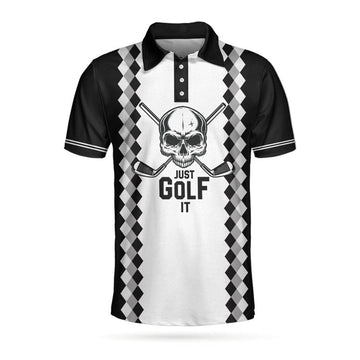 Just Golf It Skull Short Sleeve Golf Polo Shirt, Black And White Golf Shirt For Men