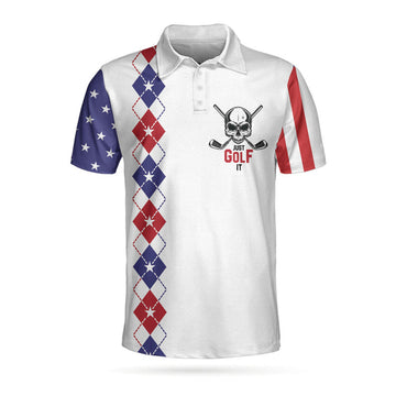 Just Golf It Skull Short Sleeve Golf Polo Shirt, Argyle Pattern American Flag Golf Shirt For Men