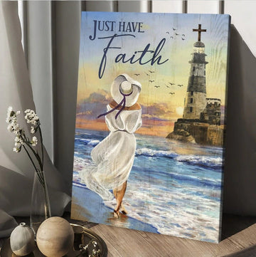 Just Have Faith Canvas - Beautiful Girl Lighthouse Jesus Painting Canvas Wall Art - Christian Wall Posters - Religious Wall Decor