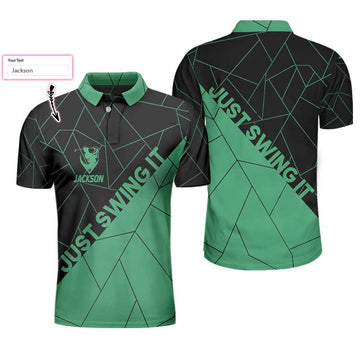 Custom Just Swing It Abstract Geometric Line Pattern Custom Polo Shirt, Personalized Black And Cyan Golf Shirt For Men