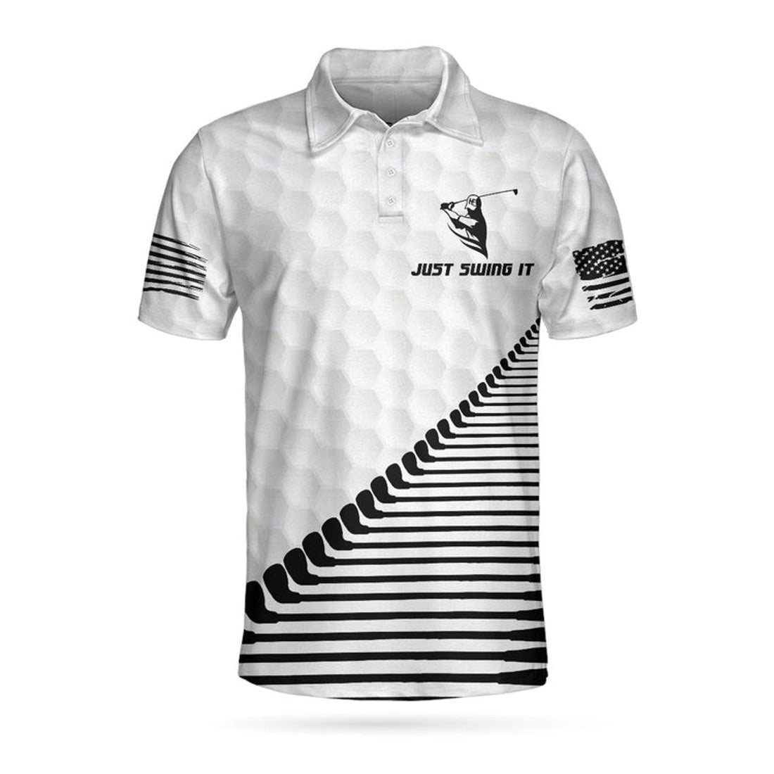 Just Swing It American Golfer Polo Shirt, Black And White American Flag Golf Shirt For Men