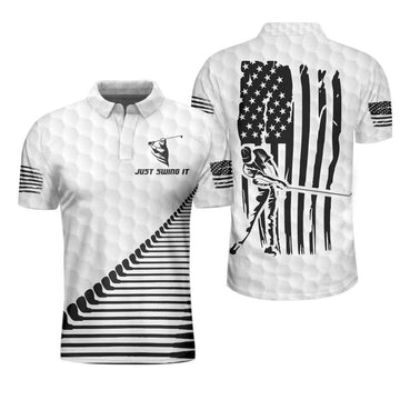 Just Swing It American Golfer Polo Shirt, Black And White American Flag Golf Shirt For Men