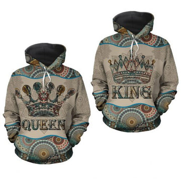 FUNSTUFFPRINT King And Queen Mandala Pattern Couple Matching 3D Hoodie and Zip Hoodie