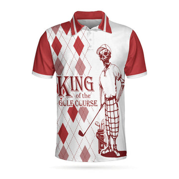 King Of The Golf Course Golf Polo Shirt, Red Argyle Pattern Skeleton Golfer Polo Shirt, Best Golf Shirt For Men