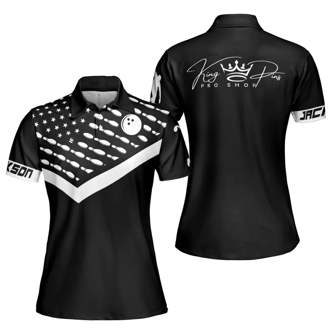 Custom Personalized Bowling Pattern American Flag Women Polo Shirt, King Pins Pro Shop Custom Short Sleeve Shirt For Female