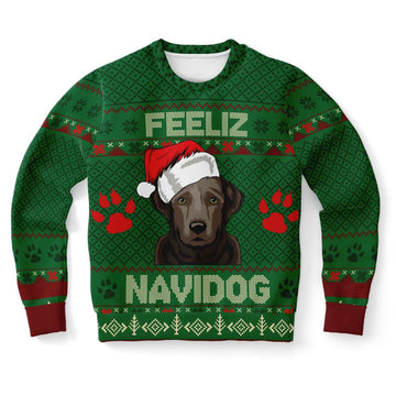 FUNSTUFFPRINT Labrador Feliz Navidog Ugly Christmas Sweater, Christmas Sweater, Ugly Sweater, Funny Xmas Sweaters Ugly Sweater