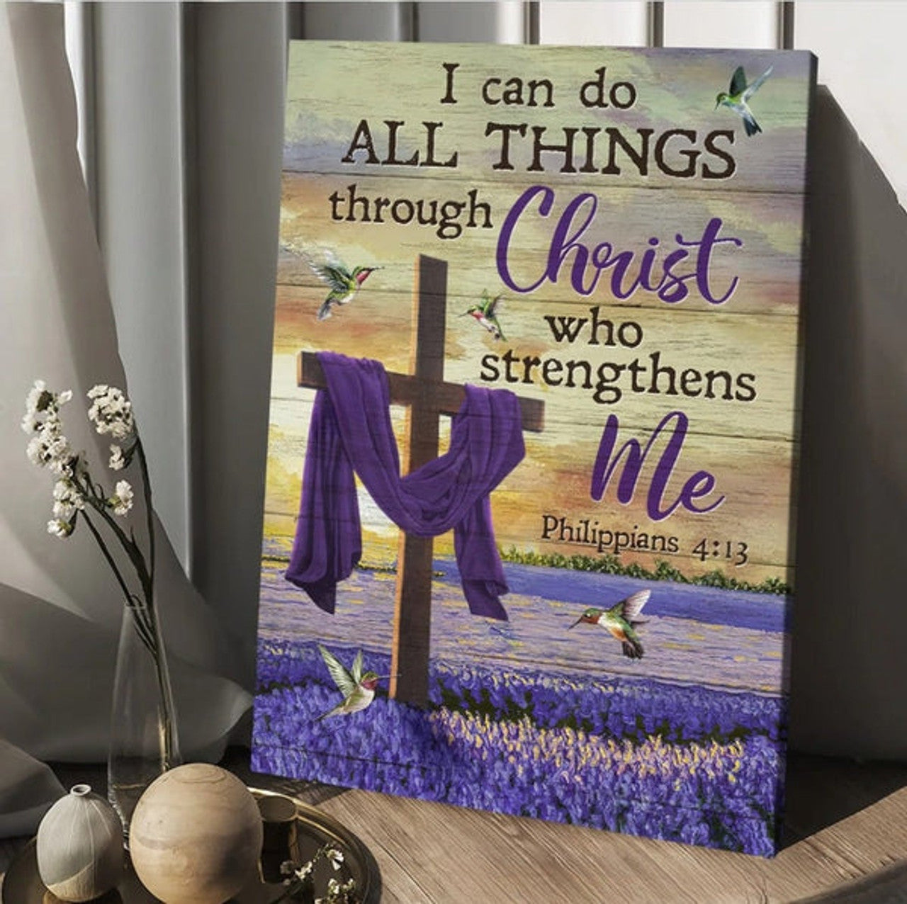 Lavender Field Hummingbird I Can Do All Things Through Christ Canvas Wall Art - Christian Wall Posters - Religious Wall Decor