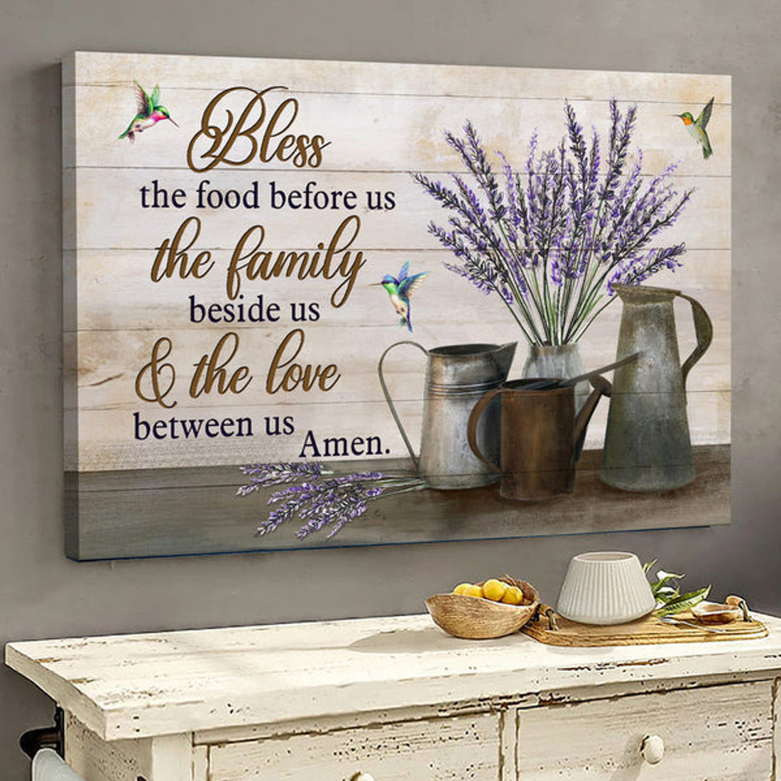 Lavender Hummingbird Jesus Bless The Food Before Us Canvas Wall Art - Jesus Canvas Pictures - Christian Wall Posters