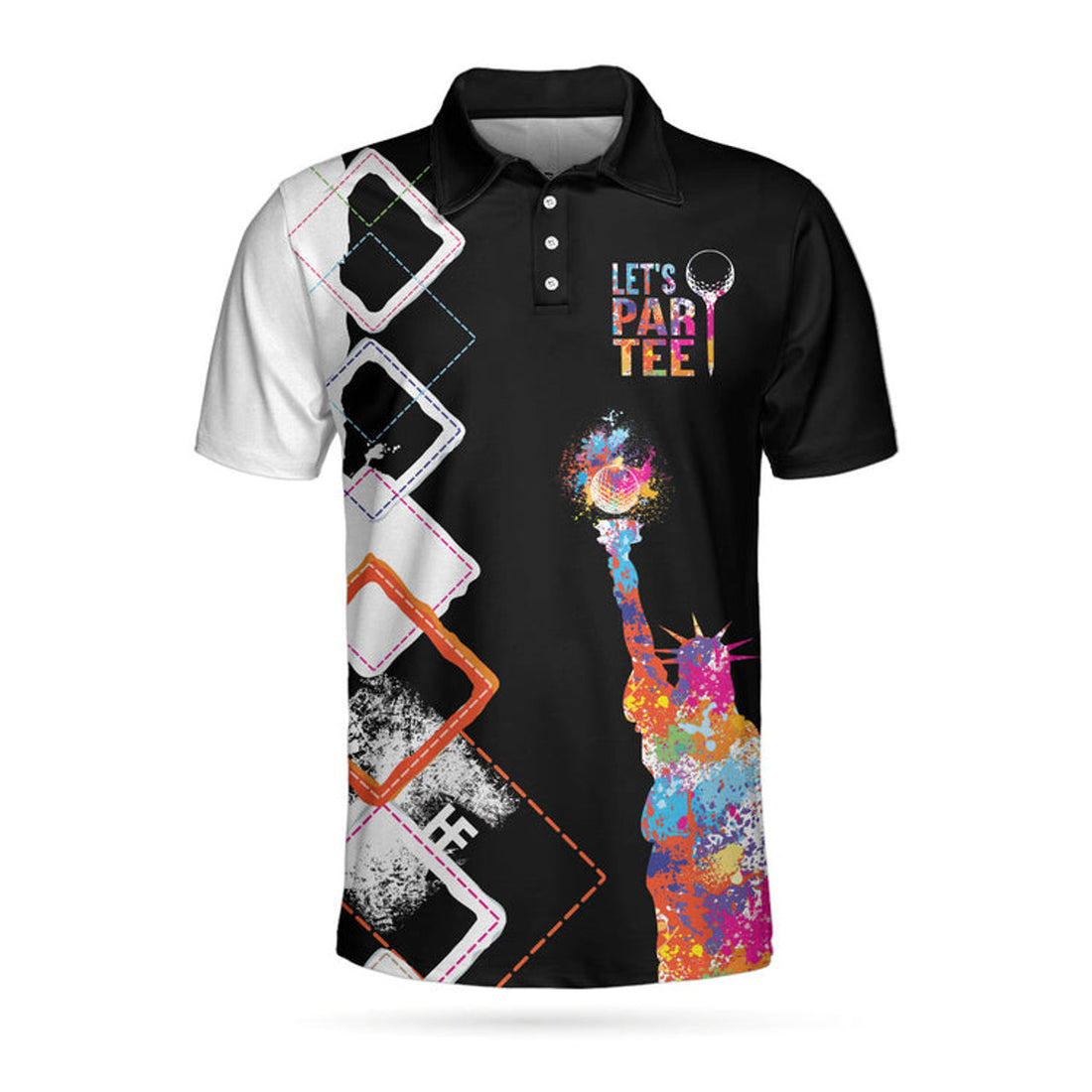 Let'S Par Tee Colorful Lady Liberty Patriotic Golfer Polo Shirt, Black And White Argyle Pattern Golf Shirt For Men