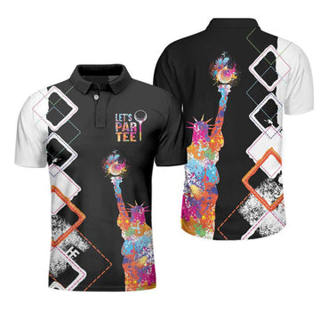 Let'S Par Tee Colorful Lady Liberty Patriotic Golfer Polo Shirt, Black And White Argyle Pattern Golf Shirt For Men