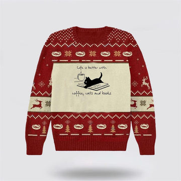 FUNSTUFFPRINT Life Is Better With Coffee Cats And Books Books Christmas Ugly Sweater - Cat Lover Christmas Sweater Ugly Sweater