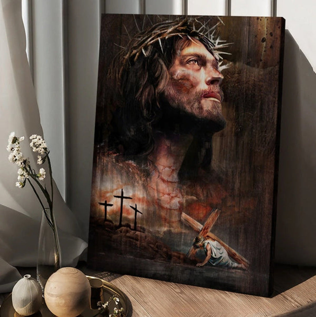 Life Of Jesus Jesus On The Cross Crown Of Thorn Canvas Wall Art - Christian Wall Posters - Religious Wall Decor