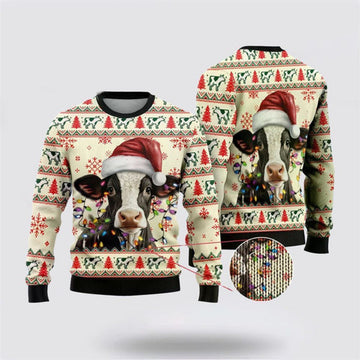 FUNSTUFFPRINT Light Santa Cattle Ugly Christmas Sweater, Farm Sweater, Christmas Gift, Best Winter Outfit Christmas Ugly Sweater