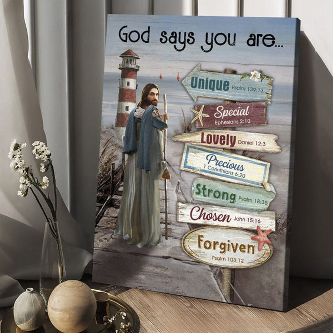 Lighthouse Drawing Ocean God Says You Are Canvas Wall Art - Christian Wall Posters - Religious Wall Decor