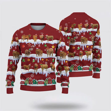 FUNSTUFFPRINT Limousin Christmas Knitted Sweater, Gifts For Farmers, Rural Lovers Ugly Sweater