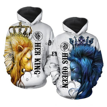 FUNSTUFFPRINT Personalized Lion Couple 3D All Over Hoodie His Queen Her King 3D Hoodie and Zip Hoodie