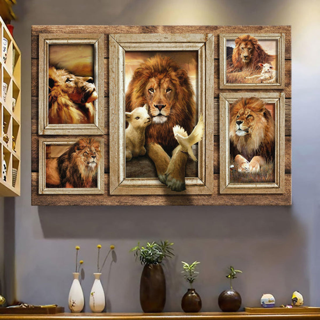 Lion And Lamb In Picture Frames Canvas Wall Art - Christian Poster - Religious Wall Decor