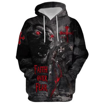 FUNSTUFFPRINT Lion Armor Knight Faith Over Fear Hoodie - Men & Women Christian 3D Hoodie and Zip Hoodie