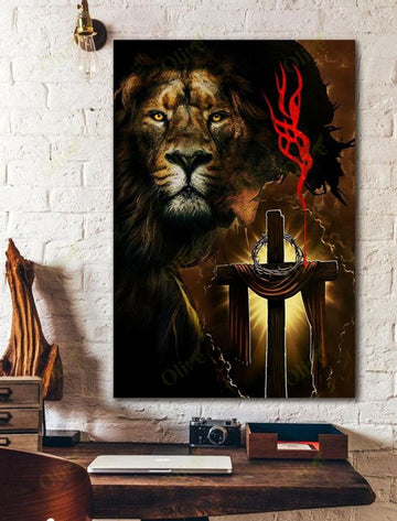 Lion Cross Christian Faith Canvas Wall Art - Christian Wall Posters - Religious Wall Decor