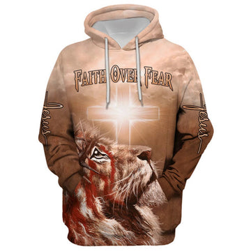 FUNSTUFFPRINT 3D Lion Cross Faith Over Fear 3D Hoodie and Zip Hoodie