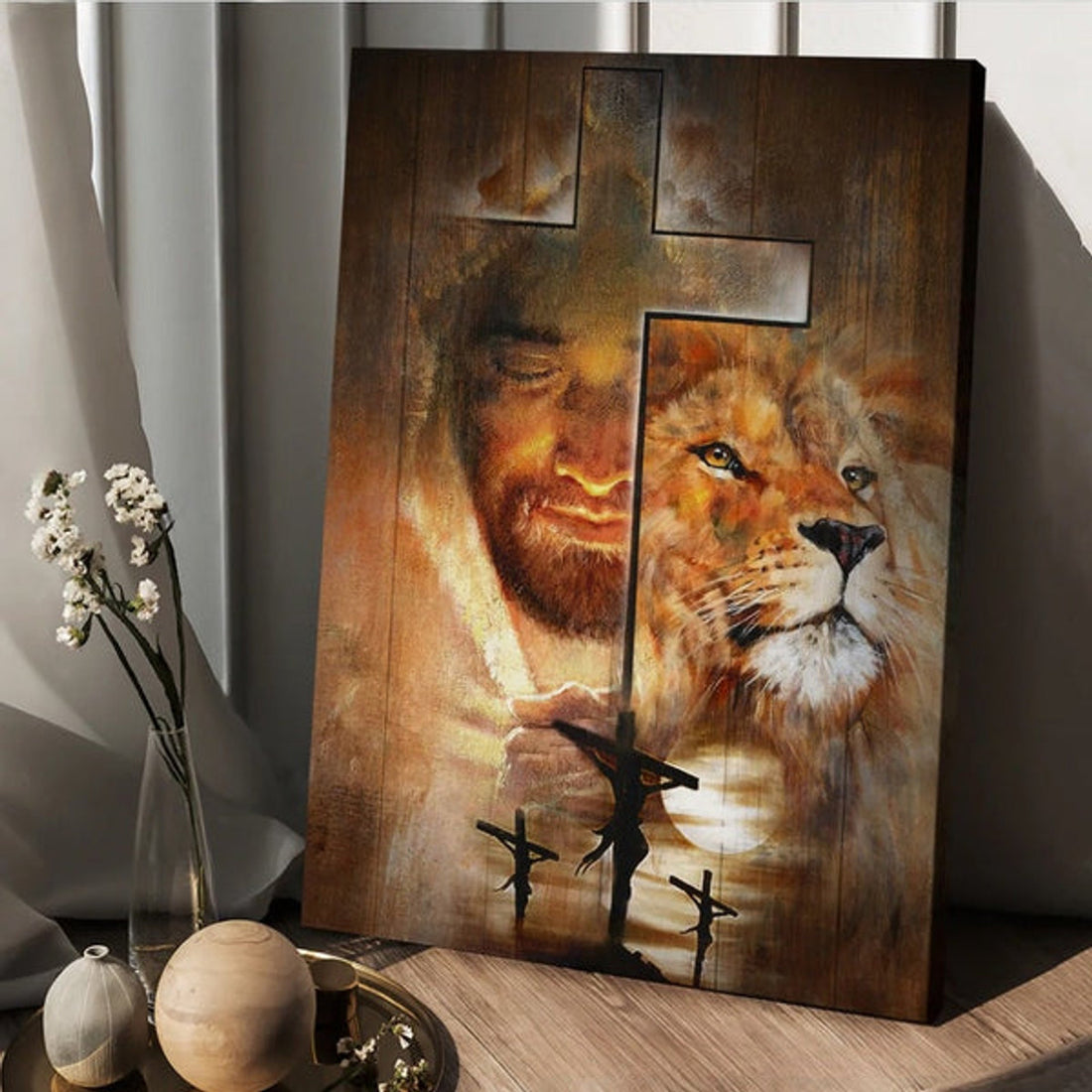 Lion Drawing Jesus Amazing Sunset Big Cross Canvas Wall Art - Christian Wall Posters - Religious Wall Decor