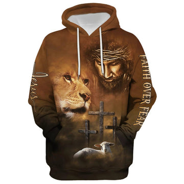 FUNSTUFFPRINT Lion Lamb Jesus Faith Over Fear Hoodie - Men & Women Christian 3D Hoodie and Zip Hoodie