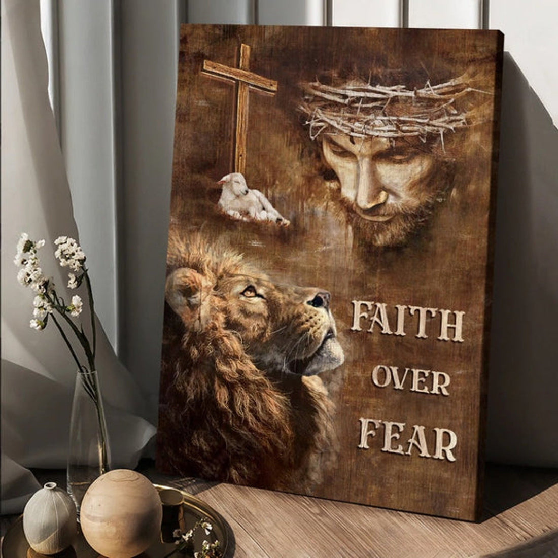 Lion Of Judah Jesus Painting The Lamb Faith Over Fear Canvas Wall Art - Christian Wall Posters - Religious Wall Decor