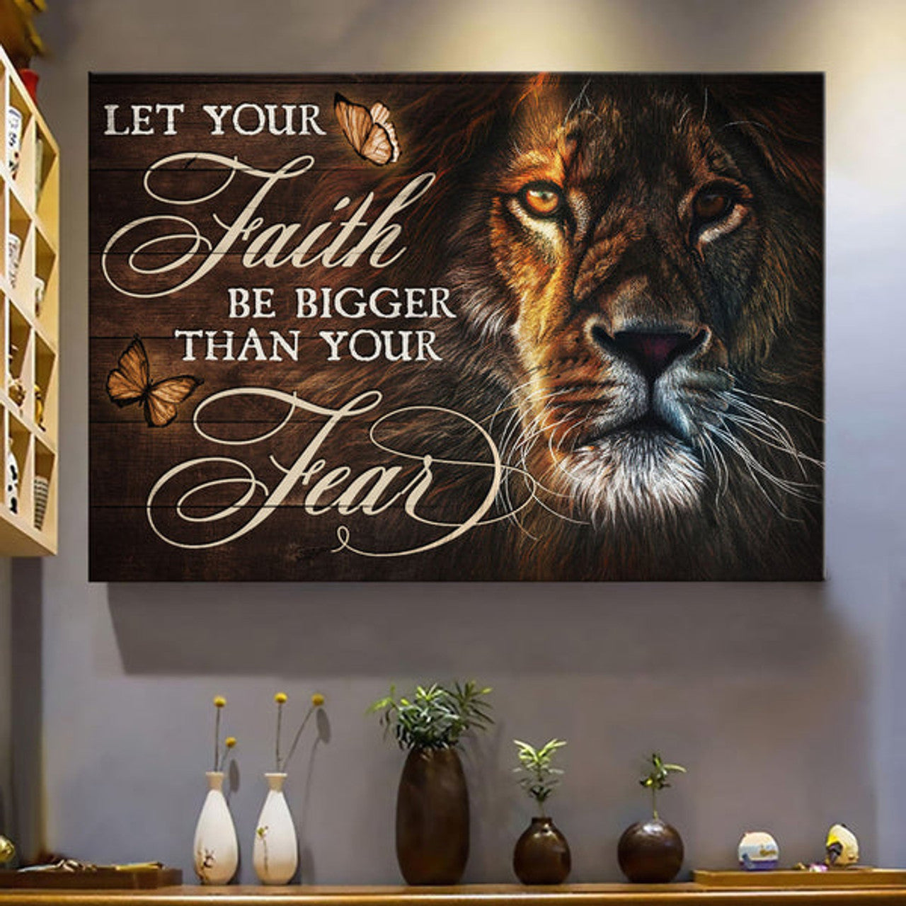 Lion Painting Brown Butterfly Let Your Faith Be Bigger Than You Fear Canvas Wall Art - Christian Poster - Religious Wall Decor