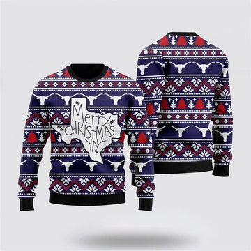 FUNSTUFFPRINT Longhorn Cattle Sweater Merry Christmas Yall Ugly Christmas Sweater, Farm Sweater, Christmas Gift, Best Winter Outfit Christmas Ugly Sweater