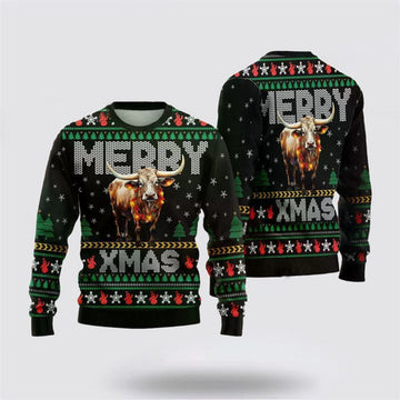 FUNSTUFFPRINT Longhorn Ugly Christmas Sweater, Farm Sweater, Christmas Gift, Best Winter Outfit Christmas Ugly Sweater