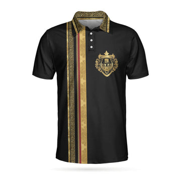 Luxury Baroque Pattern Golf Polo Shirt, Golden Greek Key Pattern Polo Shirt, Best Golf Shirt For Men