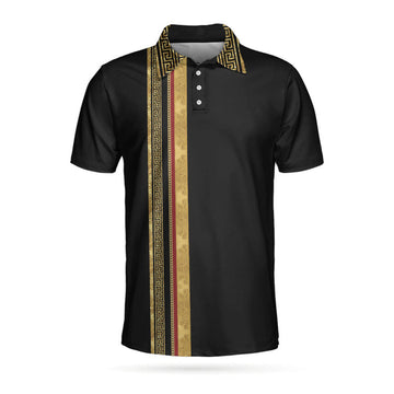 Luxury Baroque Pattern Eagle Badge Golf Polo Shirt, Golden Greek Key Pattern Polo Shirt, Best Golf Shirt For Men