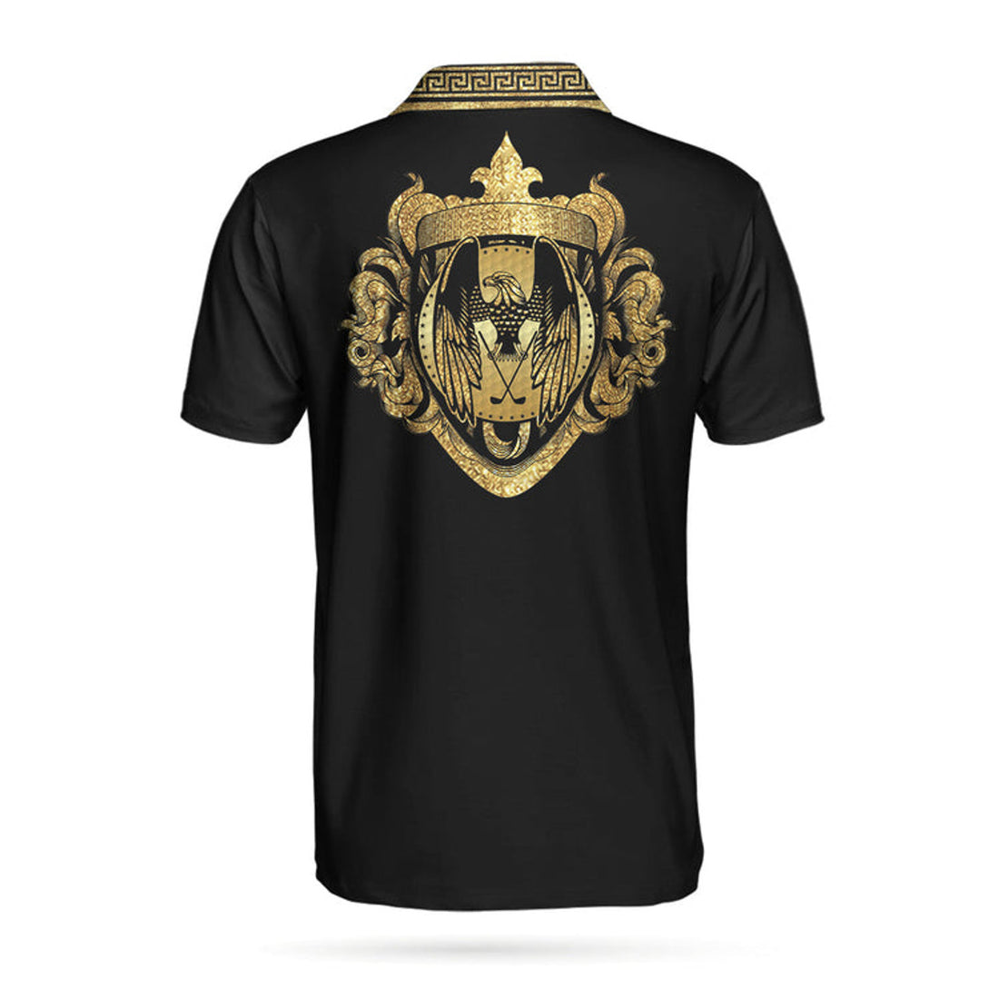 Luxury Baroque Pattern Eagle Badge Golf Polo Shirt, Golden Greek Key Pattern Polo Shirt, Best Golf Shirt For Men