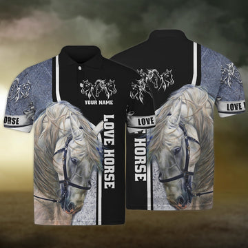 FUNSTUFFPRINT White Horse 3D Shirts Design, Love Horse Polo Shirt Size S-5XL