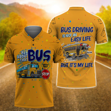 FUNSTUFFPRINT School Bus- All About That Bus Safety First Stop Polo Shirt Size S-5XL