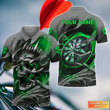 FUNSTUFFPRINT Green Skull Dartboard Personalized Name 3D Skull And Darts Polo Shirt For Dart Team Player