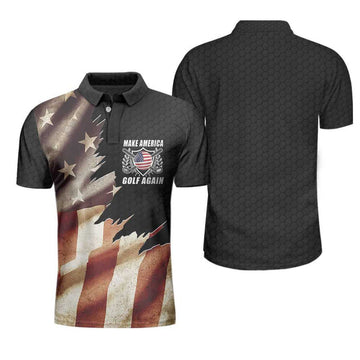 Make America Golf Again Custom Polo Shirt, Personalized Black Hornet Nest Pattern American Flag Golf Shirt For Men