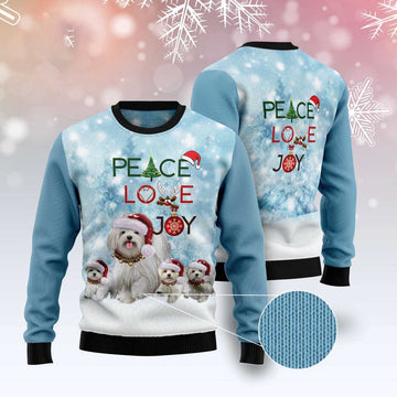 FUNSTUFFPRINT Maltese Peace Love Joy Ugly Sweater Ugly Christmas Sweater, Christmas Sweater, Ugly Sweater, Funny Xmas Sweaters Ugly Sweater