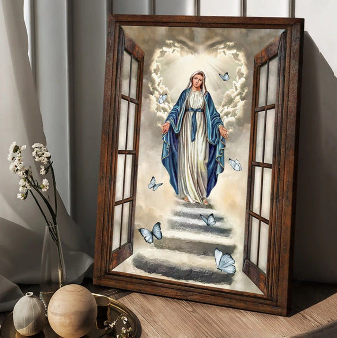 Maria Painting Vintage Window The Way To Heaven Canvas Wall Art - Christian Wall Posters - Religious Wall Decor