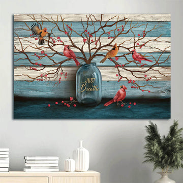 Memorial Beautiful Cranberry Tree Cardinal Painting Blue Background Memorial Gift For Family Members Just Breathe Canvas Wall Art - Christian Wall Decor