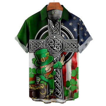 Men's St. Patrick's Day Fun Flag Panel Print Short Sleeve hawaiian Shirt