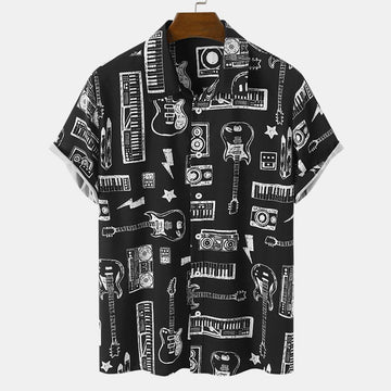 Mens Musical hawaiian shirt, Instrument Print Button Front Short Sleeve Black Shirts