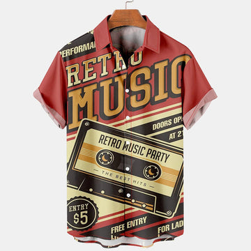 Mens Retro Music Print Lapel Loose Short Sleeve Hawaiian Shirts