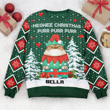 FUNSTUFFPRINT Custom Meowee Christmas Purr Purr Purr Ugly Sweater
