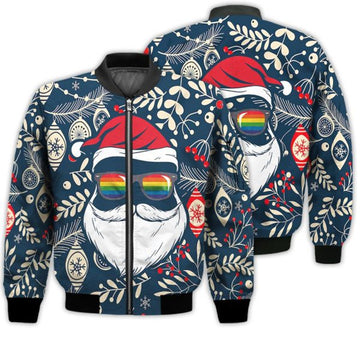 FUNSTUFFPRINTI Merry Christmas Gay Santa Glasses Retro Christmas Holiday Gifts Unisex 3D Bomber Jacket